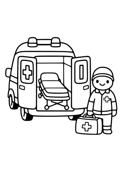 Kleurplaat van een ambulance met open deuren, brancard en ambulancier