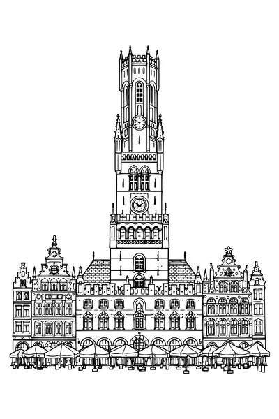 Kleurplaat van een belfort met rijk versierde gildehuizen ernaast