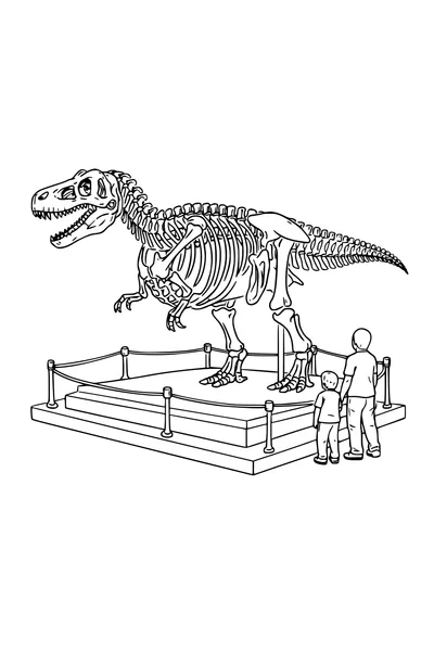 Kleurplaat van een opgesteld dinoskelet in een museum