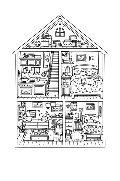 Kleurplaat van een doorsnede van een huis met alle kamers