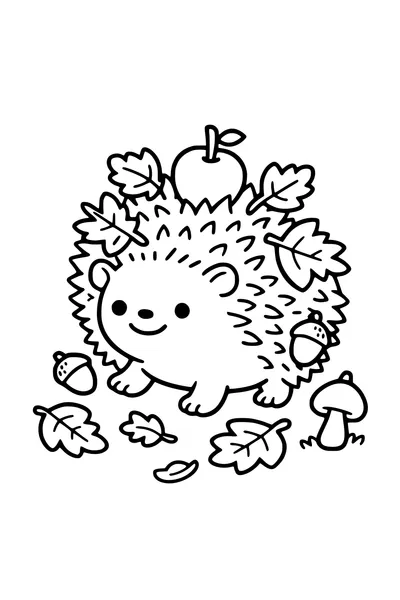 Kleurplaat van een egel die door herfstbladeren loopt