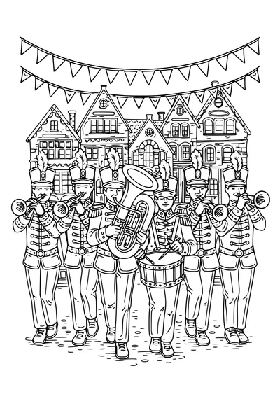 Kleurplaat van een fanfare op straat tussen trapgevels