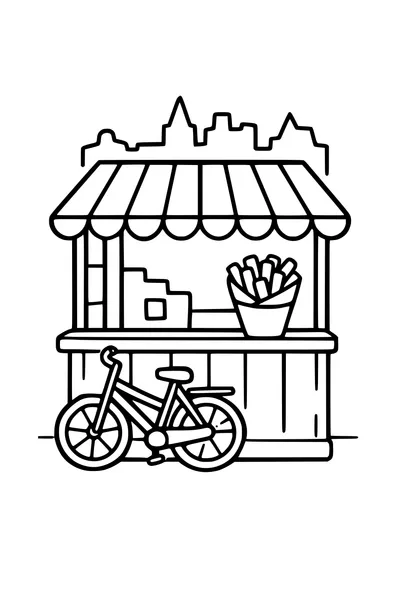 Kleurplaat van een frietkot met gestreepte luifel op de markt