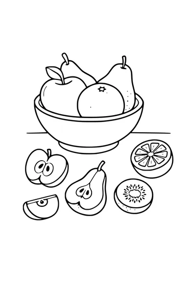 Kleurplaat van een fruitschaal met dezelfde vruchten doorgesneden