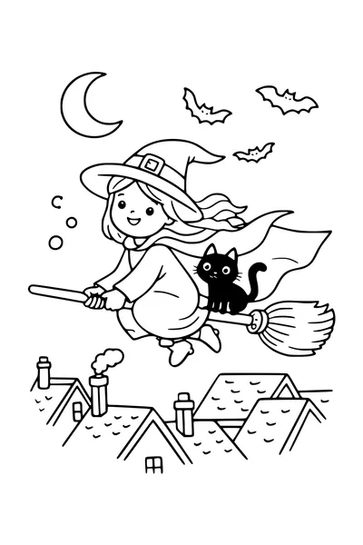 Kleurplaat van een heks op een bezem met een kat boven de daken