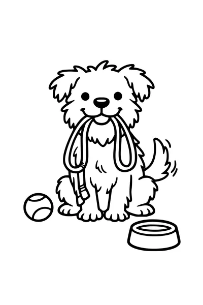 Kleurplaat van een blije hond die zijn riem vasthoudt naast een bal