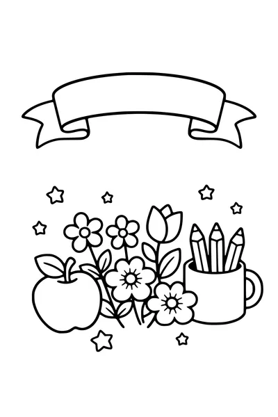 Kleurplaat van een leeg bedanktspandoek met bloemen en potloden
