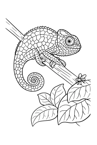 Kleurplaat van een kameleon op een tak met mozaïekhuid
