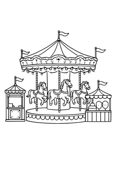 Kleurplaat van een ouderwetse draaimolen met paarden op de kermis