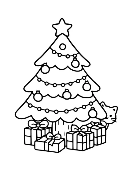 Kleurplaat van een kerstboom met ballen, cadeaus en een kat