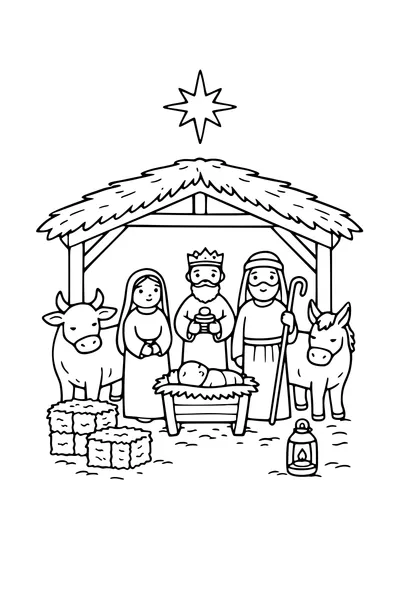 Kleurplaat van een kerststal met kribbe, os, ezel en een ster