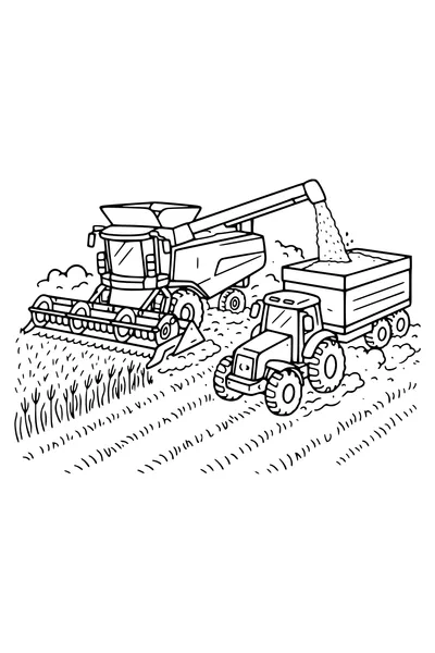 Kleurplaat van een maaidorser in het graan met een tractor ernaast