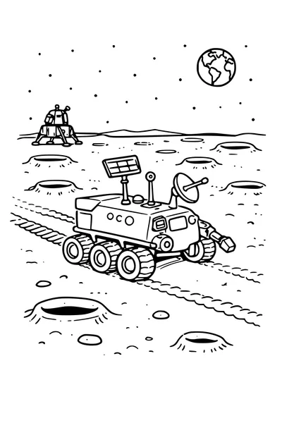 Kleurplaat van een maanwagen met kraters en een lander