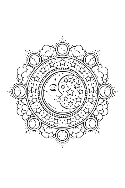 Kleurplaat van een mandala met maansikkel, sterren en maanfasen