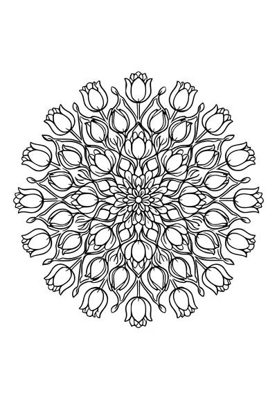 Kleurplaat van een radiale mandala opgebouwd uit herhalende tulpenkoppen