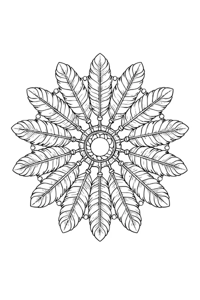 Kleurplaat van een radiale mandala van overlappende veren