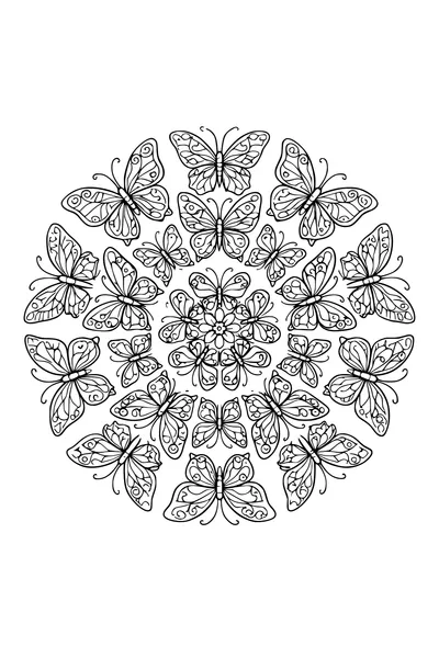 Kleurplaat van een radiale mandala opgebouwd uit vlinders