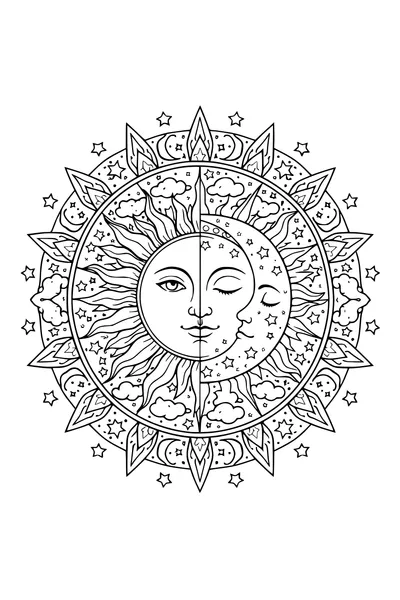 Kleurplaat van een mandala met een zonnegezicht en een maangezicht