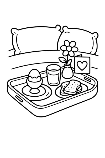 Kleurplaat van een ontbijtblad op bed met een bloem en een kaart