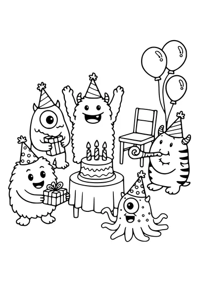Kleurplaat van vijf monsters op een feestje met taart en ballonnen