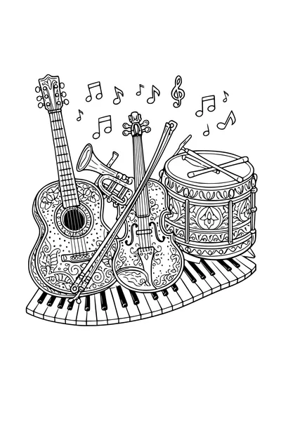 Kleurplaat van een gitaar, trompet, viool, trommel en klavier samen