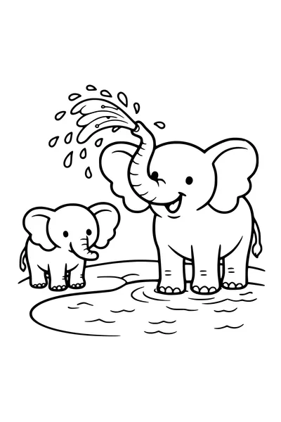 Kleurplaat van een olifant die water spuit bij een waterpoel met een kalfje