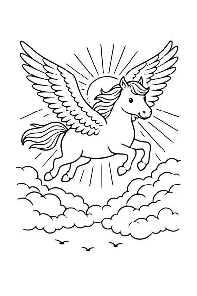 Kleurplaat van een gevleugeld paard boven de wolken