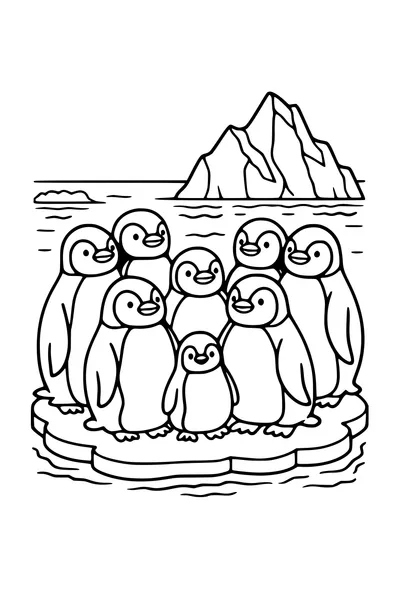 Kleurplaat van een groep keizerspinguïns met een kuiken op het ijs