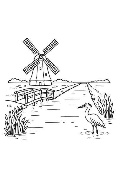 Kleurplaat van een poldermolen aan een vaart met een reiger