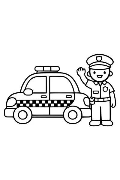 Kleurplaat van een politieauto met zwaailicht en een agent ernaast
