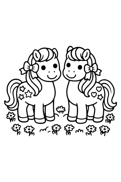 Kleurplaat van twee pony`s met vlechtjes in de manen en sterretjes