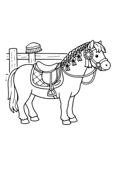 Kleurplaat van een pony met vlechtjes in de manen, zadel en rozet