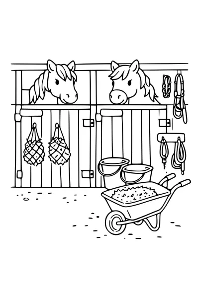 Kleurplaat van twee pony`s die over de staldeur kijken