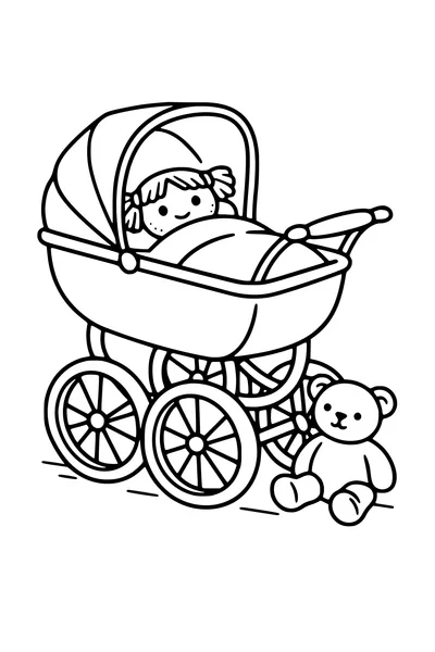 Kleurplaat van een poppenwagen met een lappenpop en een teddybeer