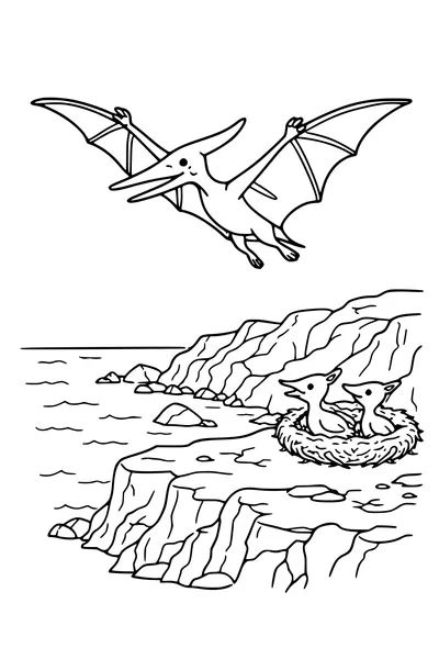 Kleurplaat van een pterosaurus boven een klif met een nest eronder