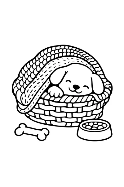 Kleurplaat van een puppy opgerold onder een gebreide deken