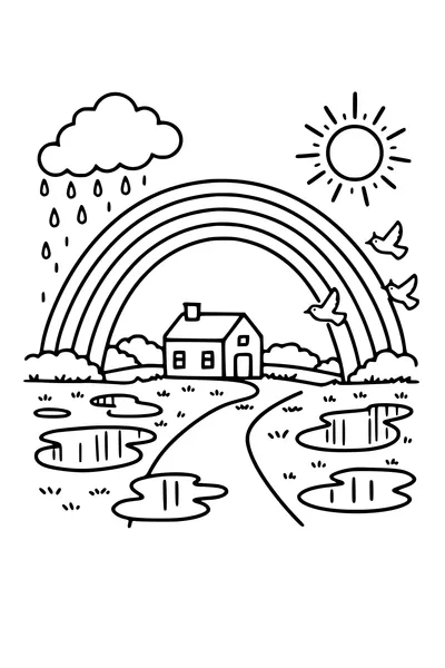 Kleurplaat van een regenboog boven een natte wei met een boerderij