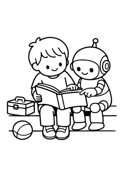 Kleurplaat van een kind en een robotje die samen een boek lezen
