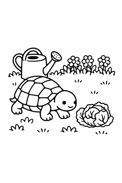 Kleurplaat van een schildpad die naar een blaadje sla loopt