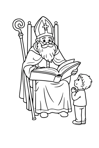 Kleurplaat van Sinterklaas die voorleest uit het grote boek