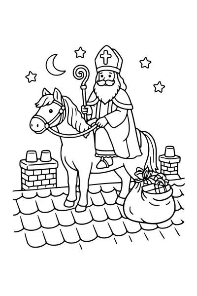 Kleurplaat van Sinterklaas op zijn schimmel op een dak met een zak vol pakjes