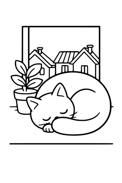 Kleurplaat van een opgerolde slapende kat in de vensterbank naast een plantje