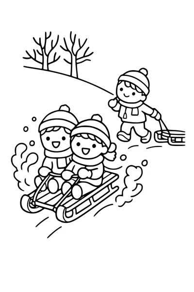 Kleurplaat van twee kinderen die van een besneeuwde helling sleeën