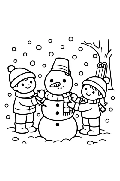 Kleurplaat van twee kinderen die een sneeuwpop bouwen met een slee