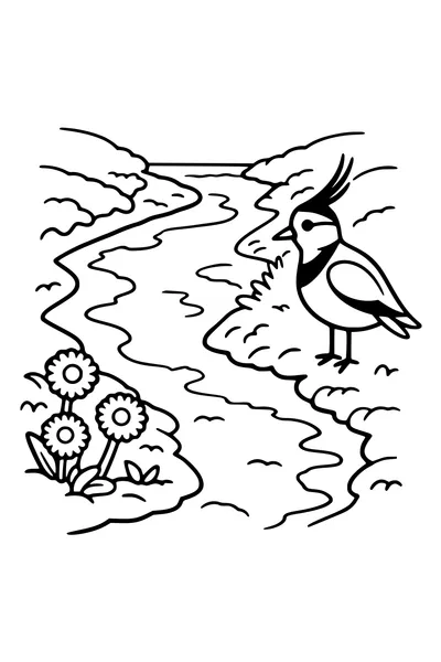 Kleurplaat van een sloot in de lente met smeltwater, klein hoefblad en een kievit