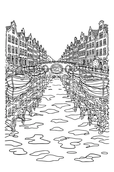 Kleurplaat van een gracht met trapgevels en hun weerspiegeling