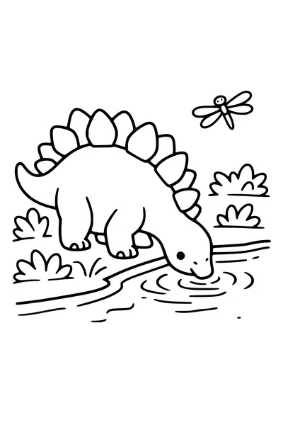 Kleurplaat van een stegosaurus die drinkt bij een rivier met een libel