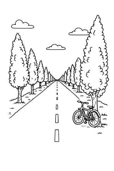 Kleurplaat van een rechte polderweg met populieren en een fiets tegen een boom