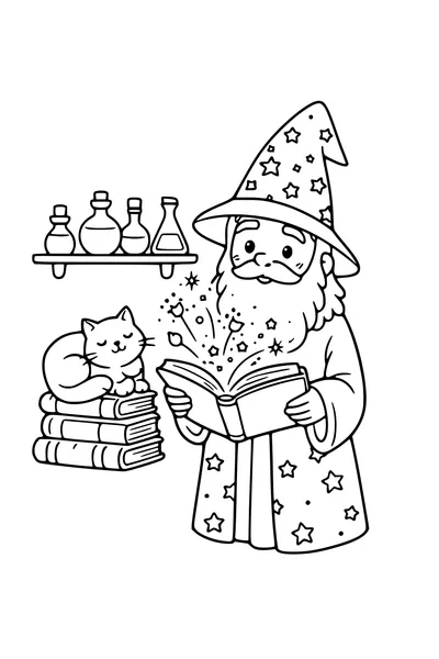 Kleurplaat van een tovenaar met spreukenboek, kat en rekken vol flesjes