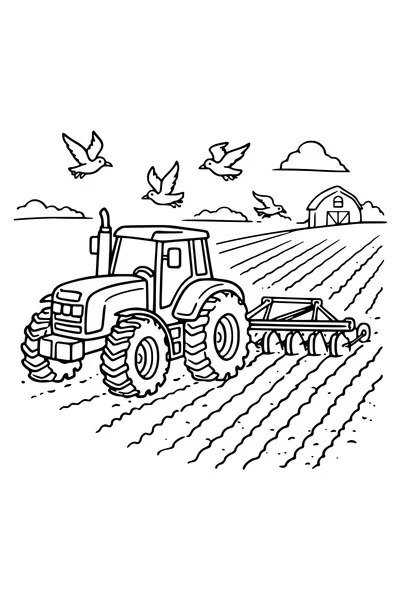 Kleurplaat van een tractor met ploeg op een akker met meeuwen